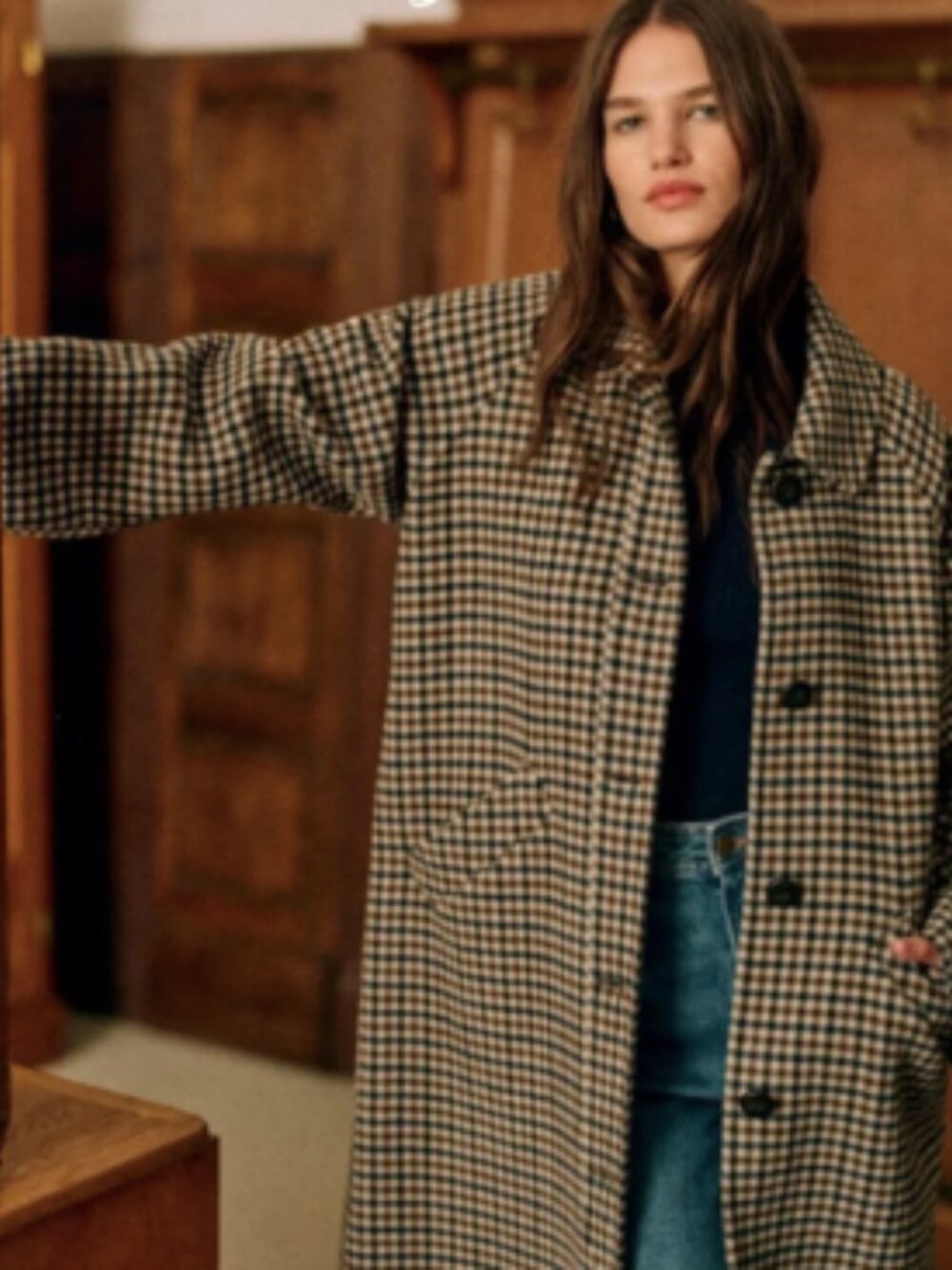 Sezane Clyde Coat - Beige and Moss Green